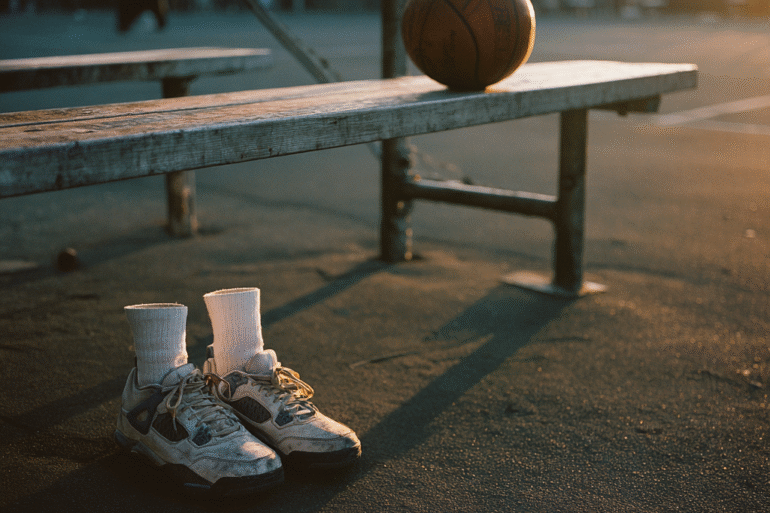 Cancha de baloncesto urbana al atardecer